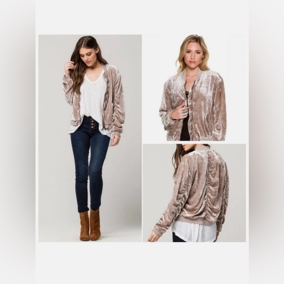 Free People Crushed Velvet Jacket Bomber Jacket Ruched Beige Tan Taupe XS - Picture 3 of 16